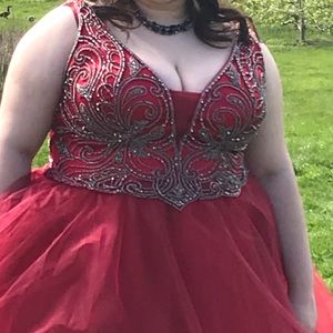 Red Prom Dress, Beaded Bodice, Tulle skirt